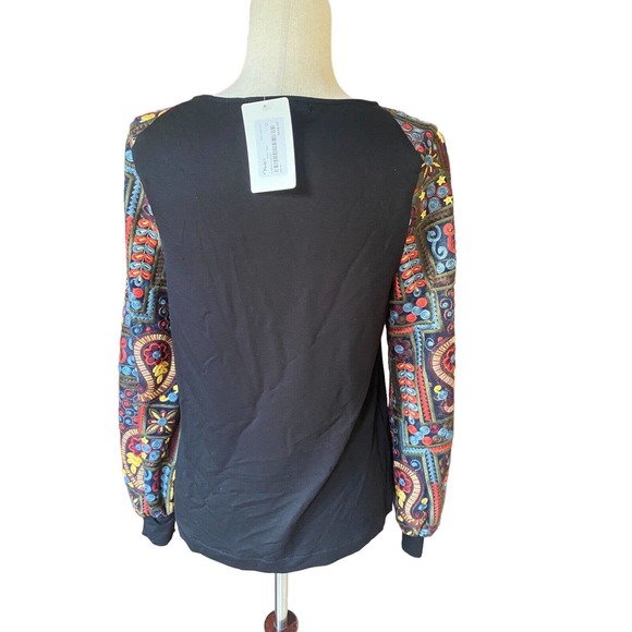 Eva Franco Black Top Blouse Boho Ethnic Sheer Embroidered Sleeves‎ 0 Small New - Picture 2 of 6